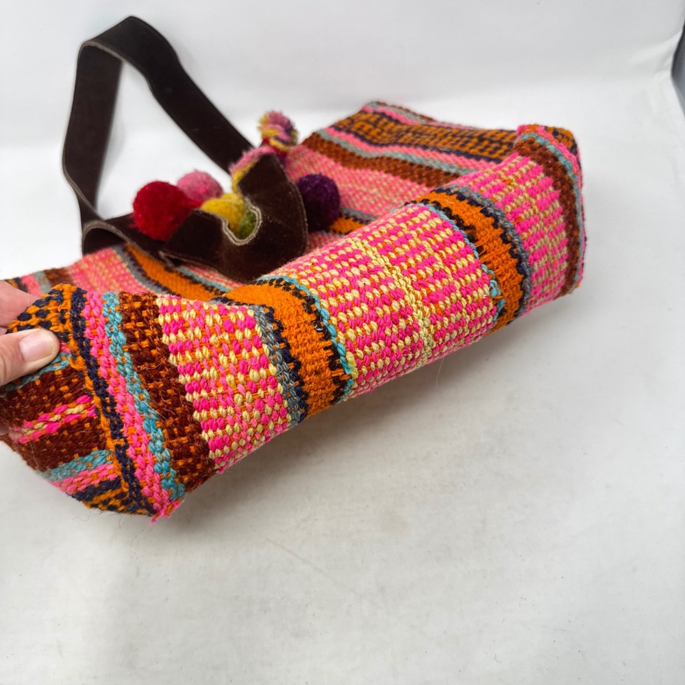 Peruvian Connection Handwoven Tote Bag Pink Striped Wool Pom Pom Boho Artisan - Picture 6 of 12
